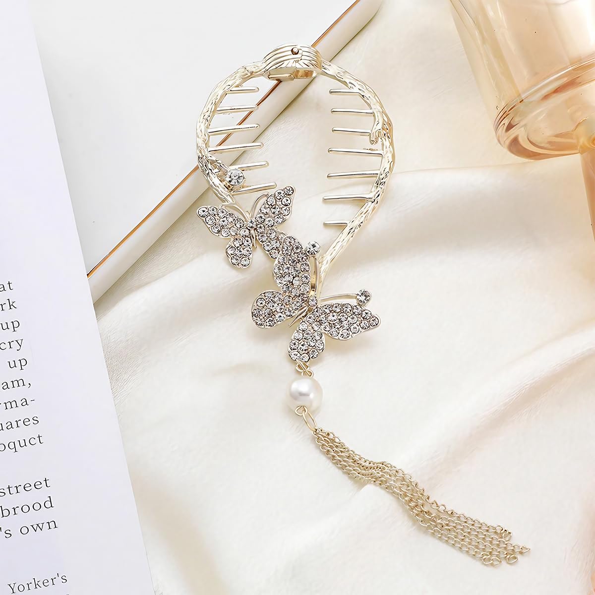 Venzina Butterfly Bow Hair Clip for Wedding and Daily Use featuring Self Lock Claw | Rhinestone Tassel Design for Women Girls