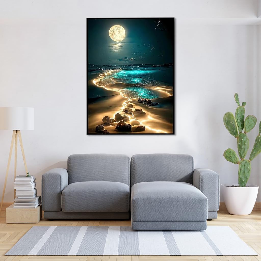 ZIBUYU® DIY 5D Diamond Painting Art Kit Dreamy Beach Moonlit Night Diamond Painting Beginner DIY 5D Diamond Painting for Home Decor, No Frame Wall Decor 5D Diamond Painting, 12 x 16 Inch