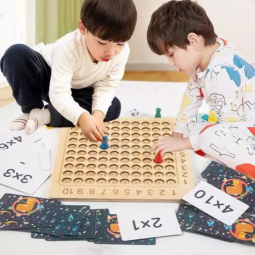 PATPAT Wooden Math Multiplication Board with Dice and Card, Montessori Toy for Kid, Counting Toy Educational Multiplication Board Game for Toddlers Kids Over 3 Years Old to Practice Math Ability