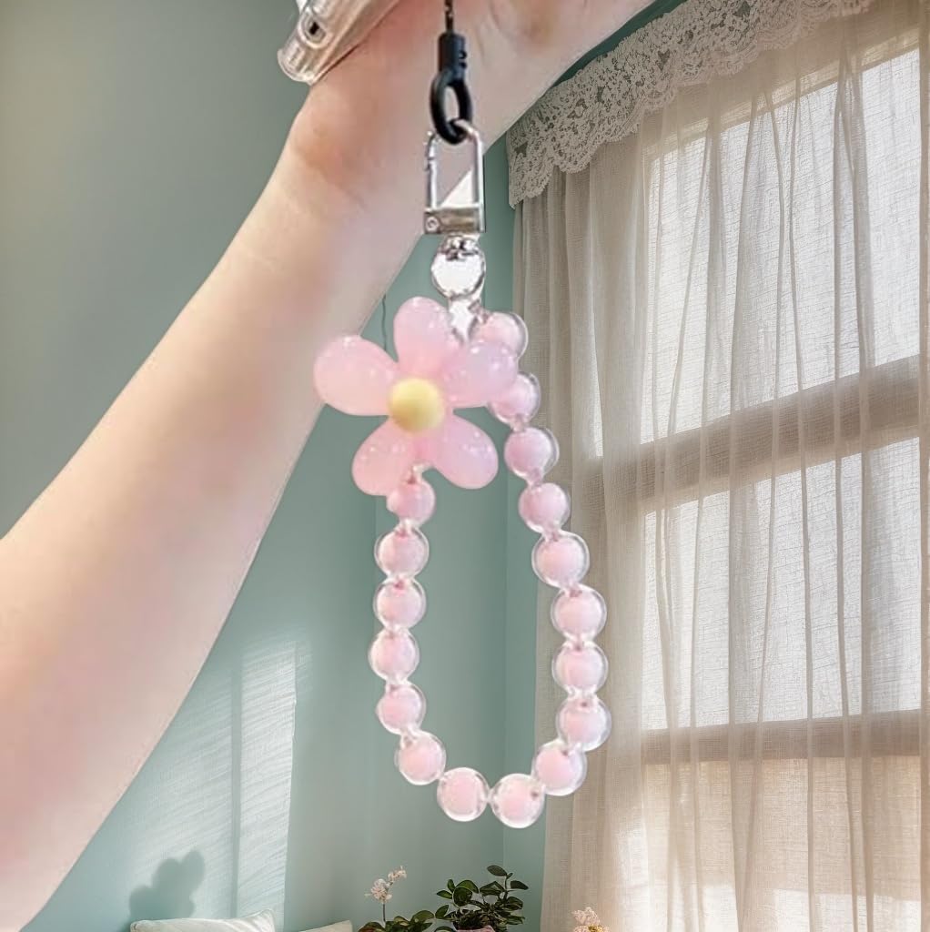 Zibuyu Phone Charm for Girls with Flower Beads and Metal Buckle | Pink Acrylic Strap Grip