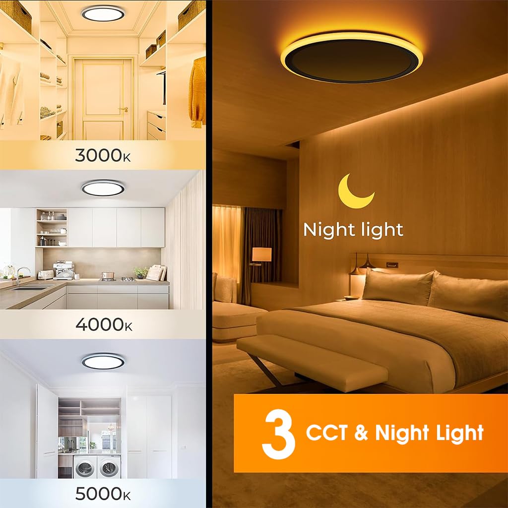 ELEPHANTBOAT LED Ceiling Light with Remote Control and 3 Color Dimmable 24 W Round Design | 1800K Night Light in Black