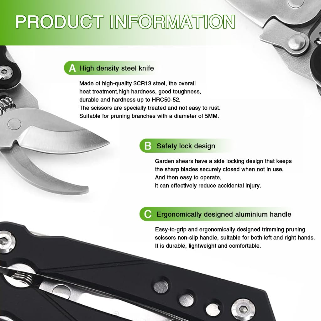 HASTHIP Gardening Scissors for Trimming and Grafting with 5 Built in Mini Tools | Stainless Steel Spring Loaded Folding Pruner
