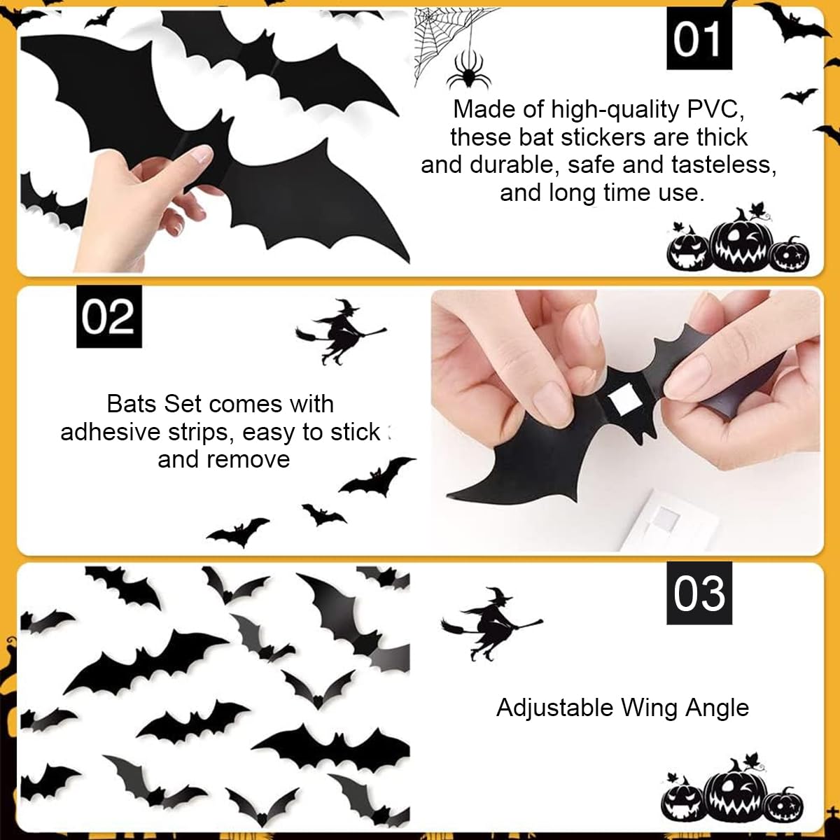 HASTHIP® 60Pcs Halloween Wall Decoration Stickers Fun Black Bat Wall Stickers Wall Decorative PVC Bat Stickers with 4 Sizes Spooky Halloween Wall Stickers Halloween Party Supplies