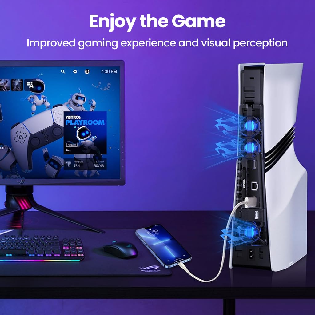 HASTHIP Cooling Fan for PS5 Pro and Slim with 3-Speed Control and Automatic Temperature Detection | LED Triple-Fan USB Accessory