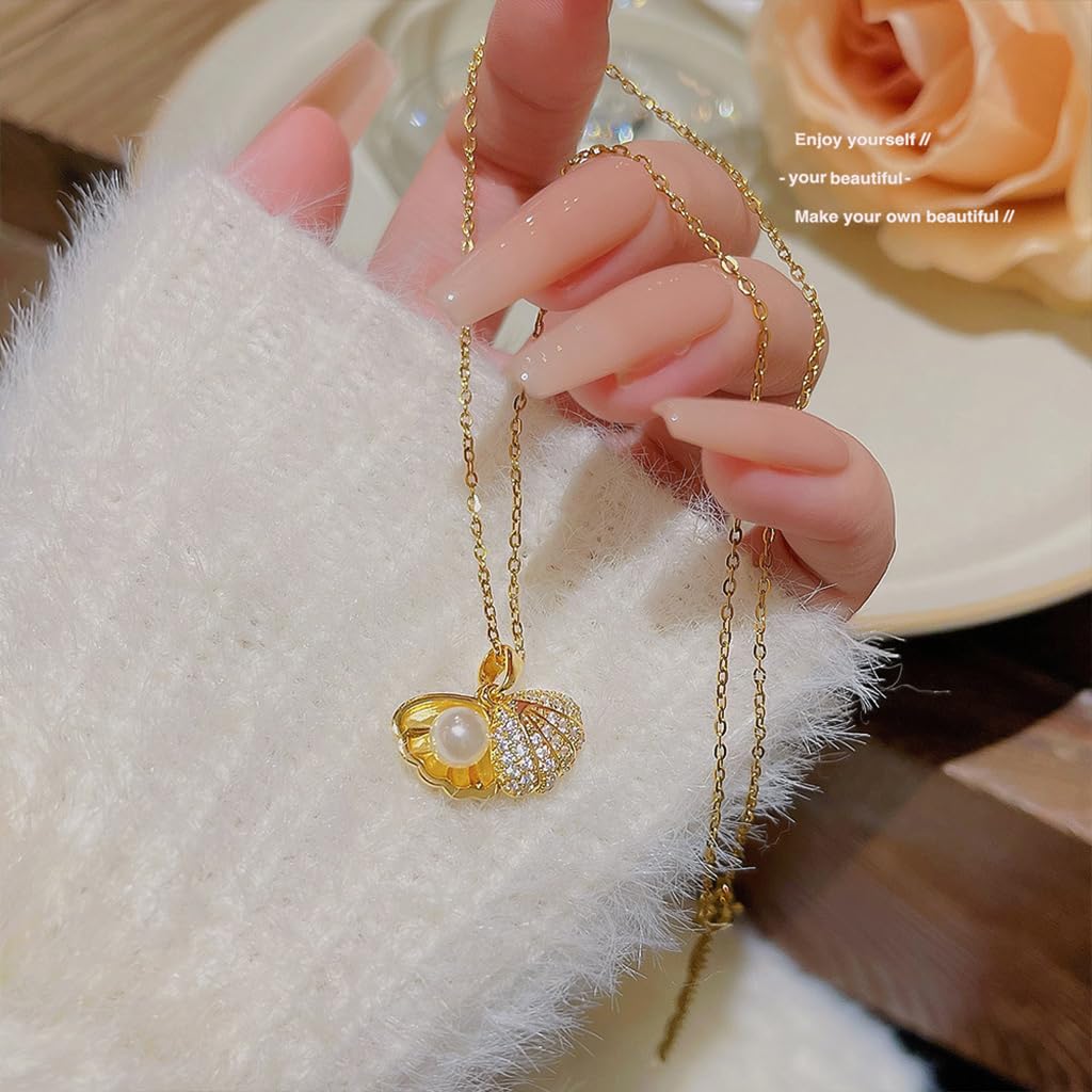 Zibuyu Oyster Pearl Necklace for Women with Openable Seashell Pendant and Rhinestones | Elegant Gift Jewelry