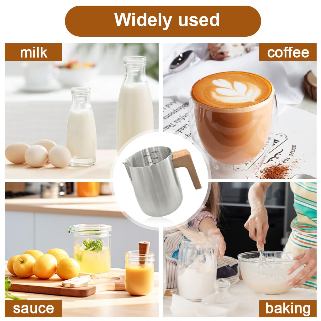 Supvox Milk Frothing Pitcher 350ml with Latte Art Pen featuring V Shape Nozzle & Wood Handle | Stainless Steel Coffee Jug for Barista