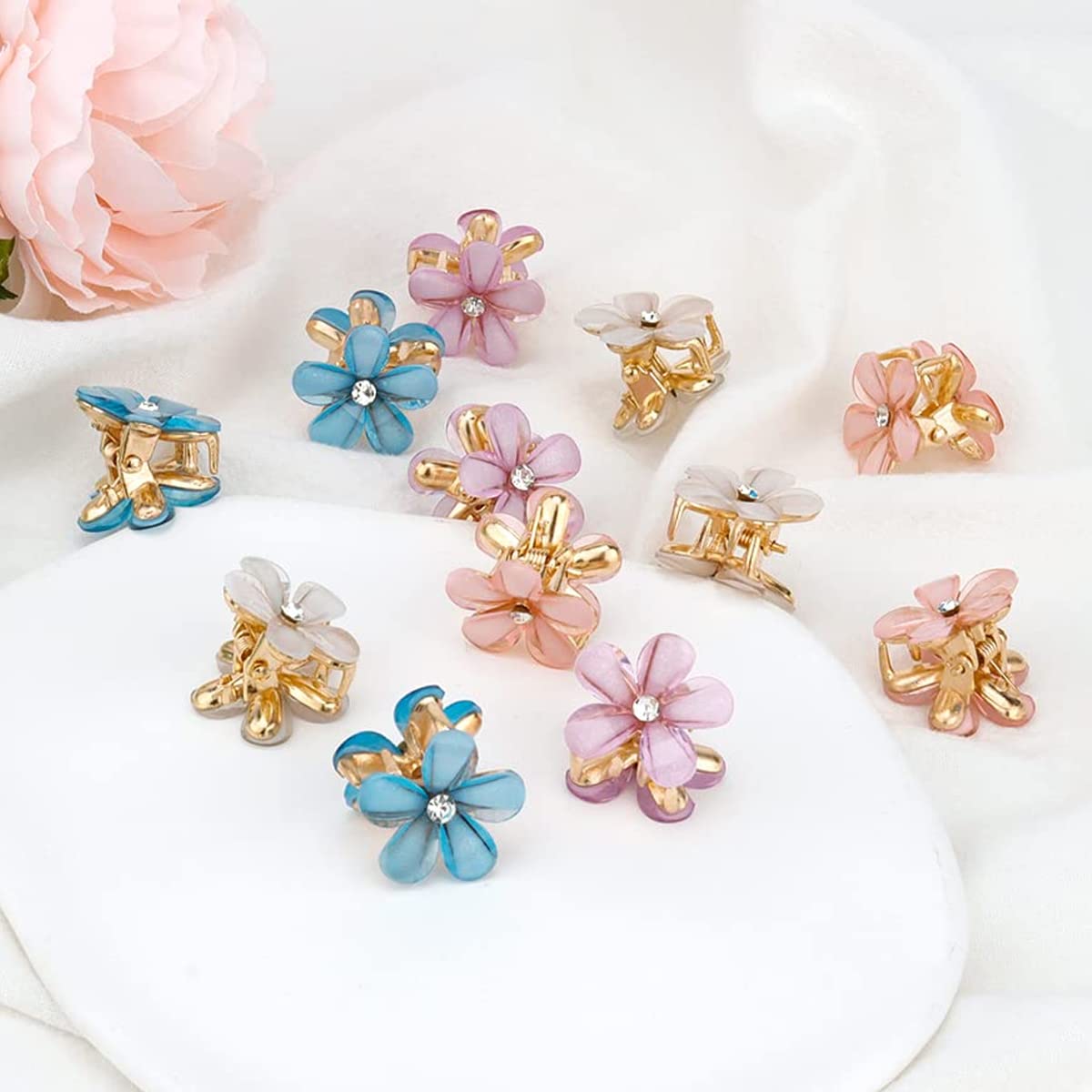 PALAY Mini Hair Claw Clips for Women with Metal Spring Grip and Alloy Resin Flowers | 8pcs