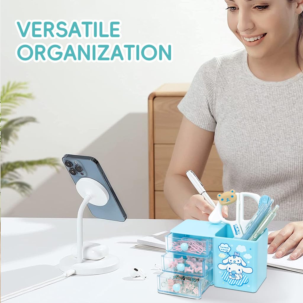 OFIFO Kawaii Cinnamoroll Desk Organizer Pen Holder with 3 Multi-Drawer Storage for Office Stationeries, Scrapbooking Supplies, Clips, Pens, Tapes, Accessories (Blue)