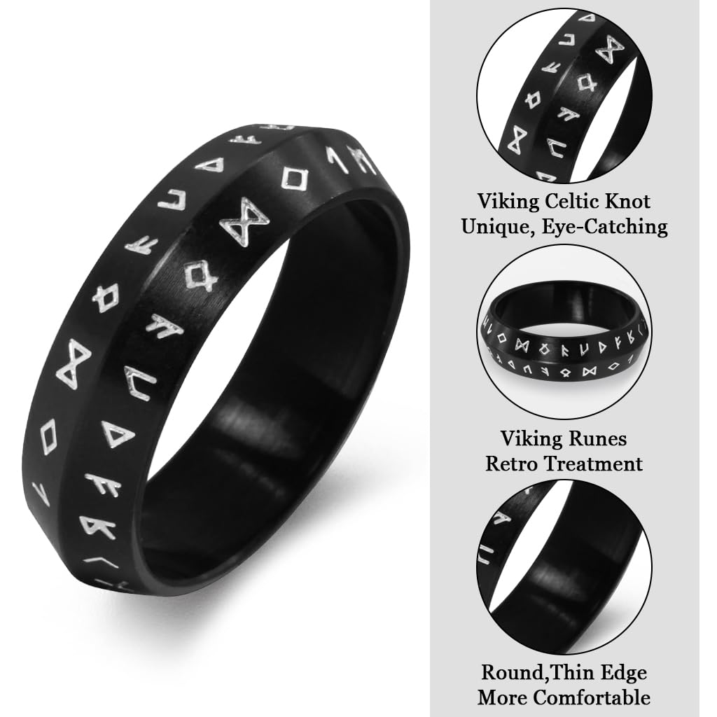 GUSTAVE Ring for Men with Nordic Rune Engravings in Black Titanium Steel | Norse Jewelry Gift