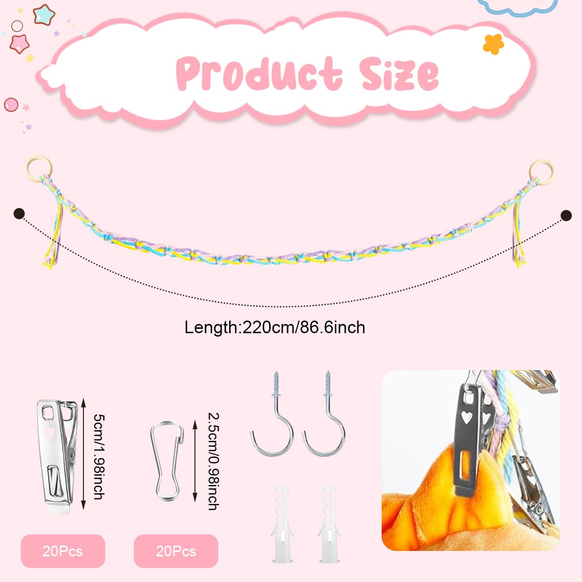 PATPAT Plush Stuffed Doll Organizer Rope with 20 Clips & Dual Wooden Loops, 6.6ft for Toy Storage