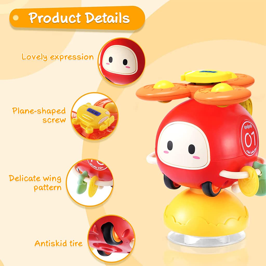 PATPAT Suction Toys for Baby, 3 in 1 Baby High Chair Toys with Detachable Suction Cup Toys Baby Rattle Sensory Car Toys for Early Development, Spinning Pop Toys Gifts for Newborn Kids - Red