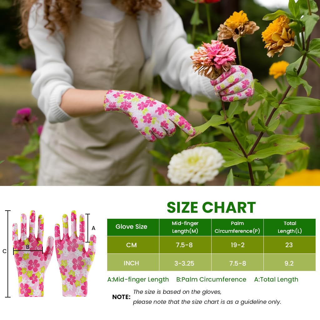 HASTHIP Gardening Gloves for Women with Full Palm Anti Slip Grip 6 Pairs Nylon Floral Print