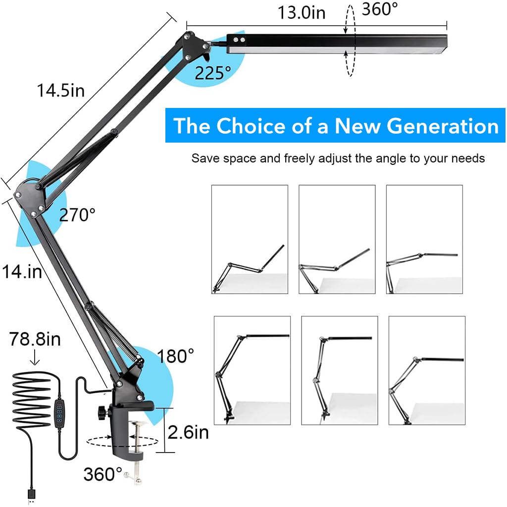 ELEPHANTBOAT® LED Desk Lamp 3-Color Dimmable USB Reading Light with Flexible Arm, Adjustable Eye-Caring Desk Light with Clamp for Home, Office, Study, Crafting (Black)