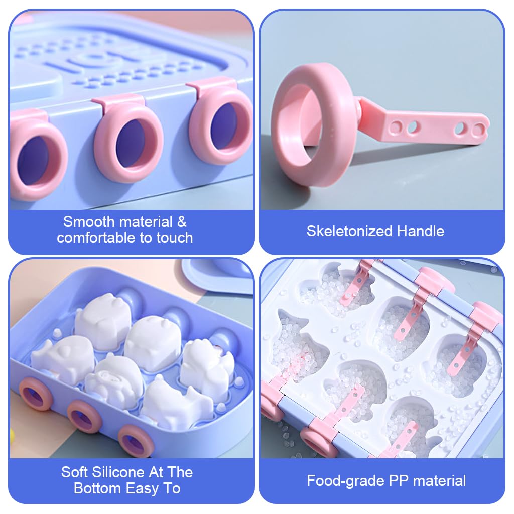 HASTHIP Ice Cream Mould for Freezer with 6 Cartoon Shapes and Lid | BPA-Free Silicone for Kids