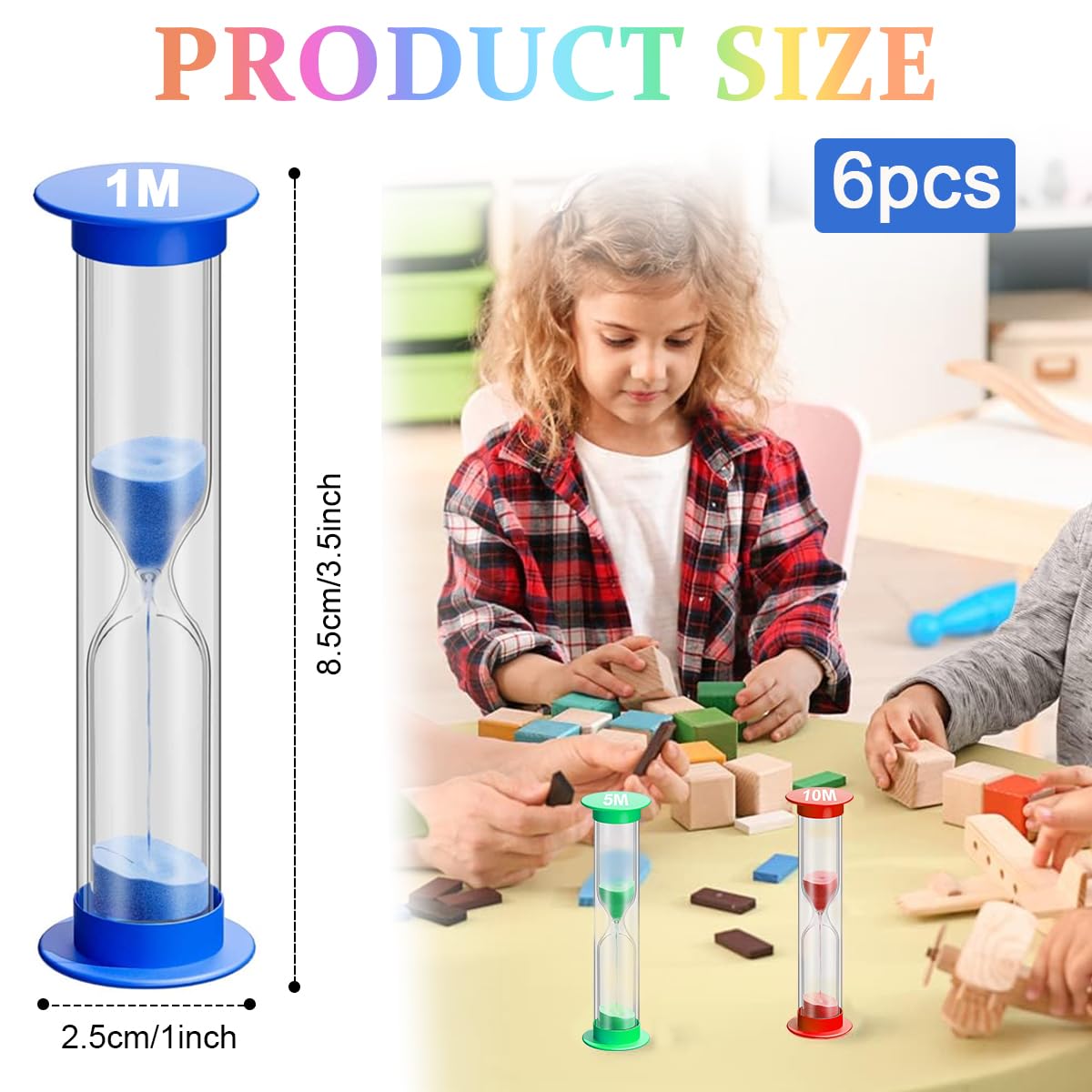 HASTHIP Sand Timer Set for Classroom Games and Office | 6 Colors 30s–10min 8.8cm PVC Hourglass