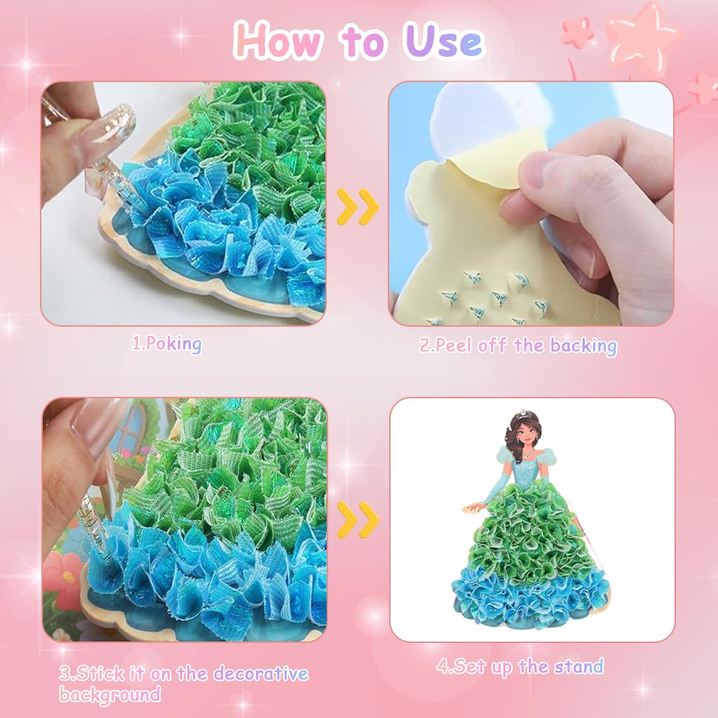 PATPAT DIY Poke-Fun Art Book for Kids with 8 Princess Cards and 800 Dressing Fabrics | Portable Travel Craft Set
