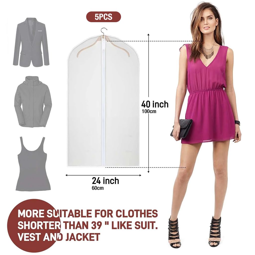 HASTHIP Suit Cover Set for Garment Storage with Zippered Hanging Design 5pcs 60x100cm PEVA | Clear Clothes Protector Bags