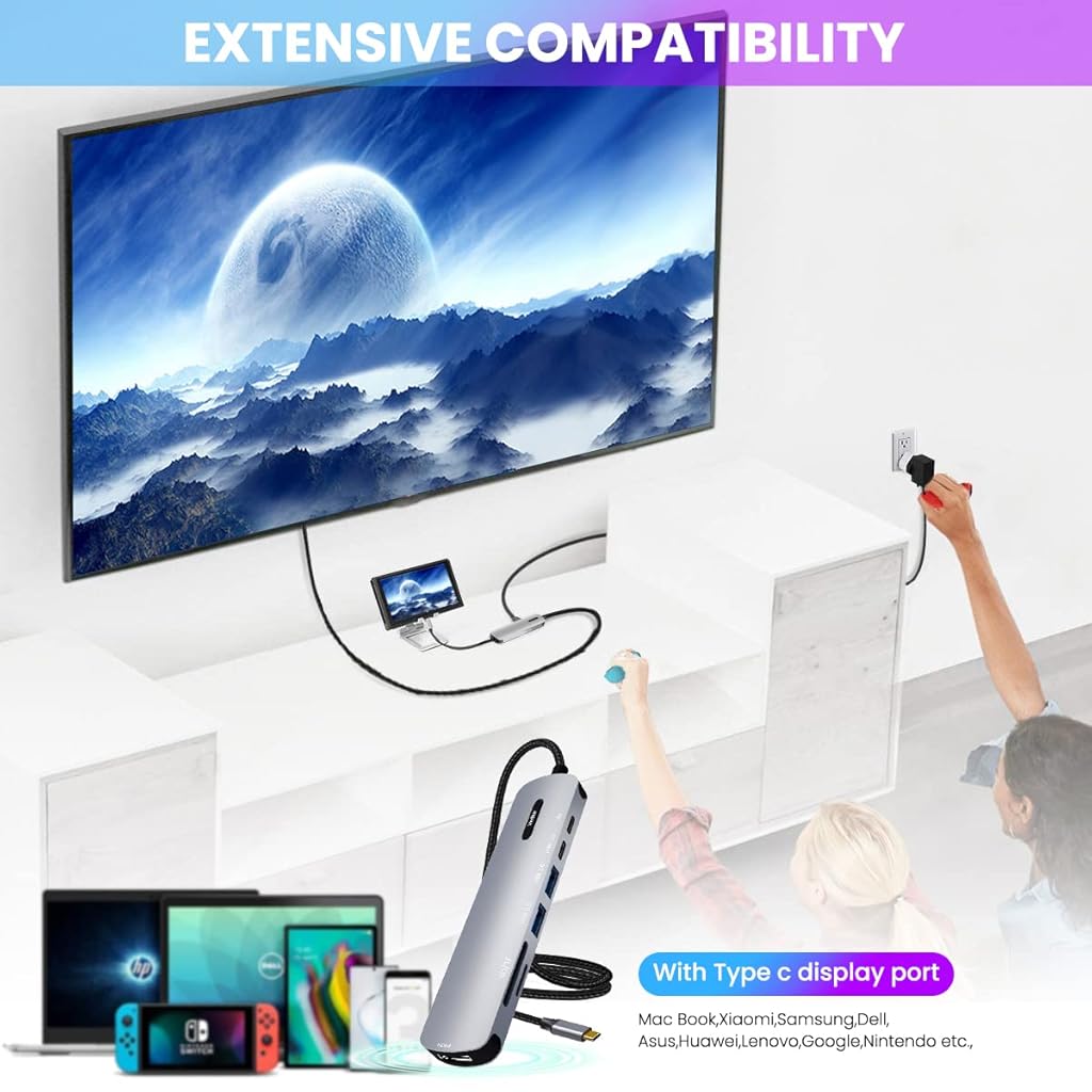 Verilux® USB C HUB 7 in 1 to HDMI Adapter 4K 30Hz 2.0 3.0 Multiple Port SD TF Card Reader PD 100W Type for Laptop MacBook Pro Air 20CM Long Cable 2 PCS