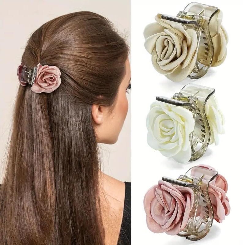 MAYCREATE® 3Pcs Jaw Clips for Girls Women Small Decorative Rose Flower Claw Hair Clips Fashion Spring-Loaded Acrylic Claw Hair Clips for Half-Up Styles, Half Updos