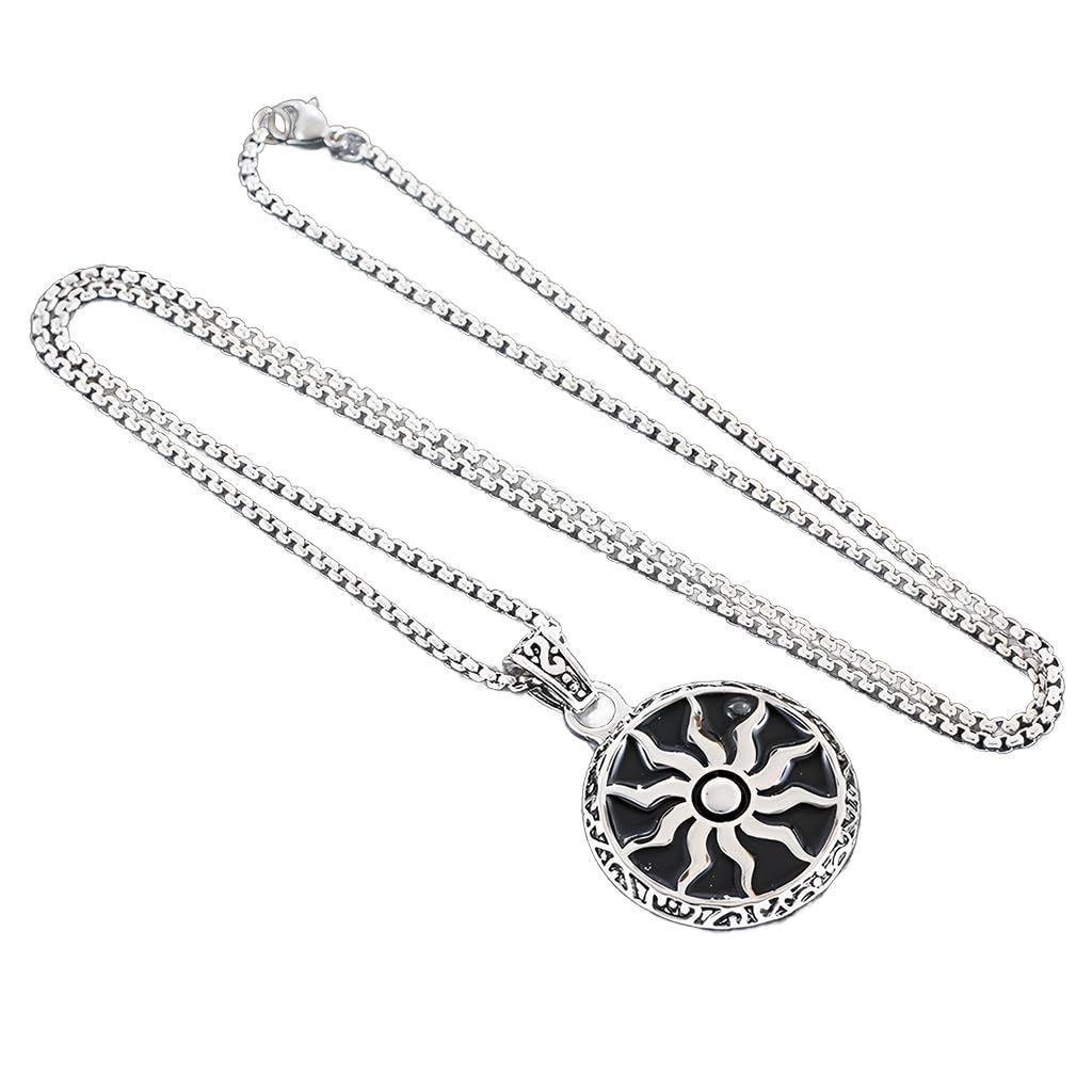 Zibuyu Sun Pendant Necklace with Polished Black Stainless Steel Chain for Men & Women | Vintage Protective Amulet Jewelry