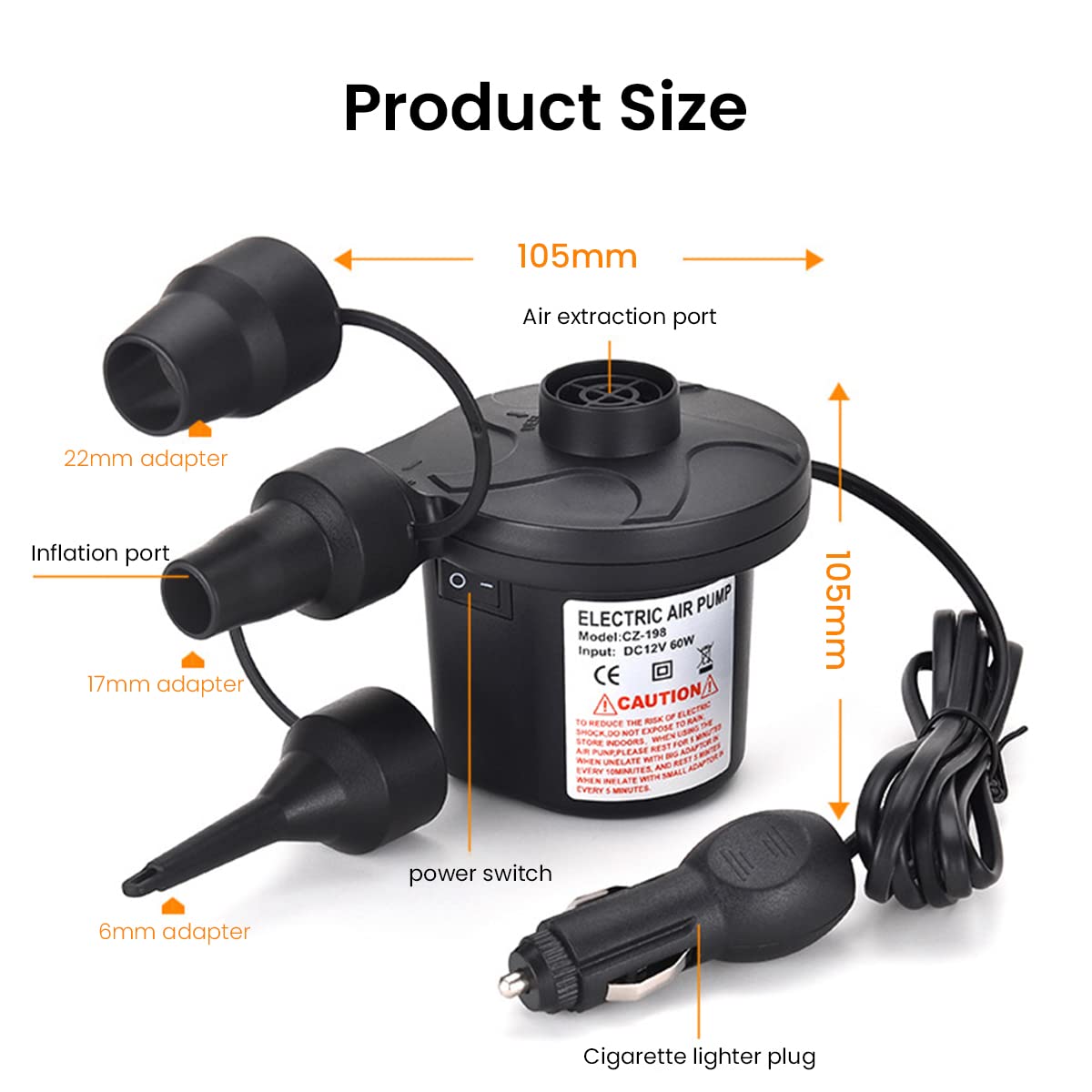 Serplex Electric Air Pump for Car and Home with 0.7 PSI Dual Power | 3 Nozzles Portable Inflator