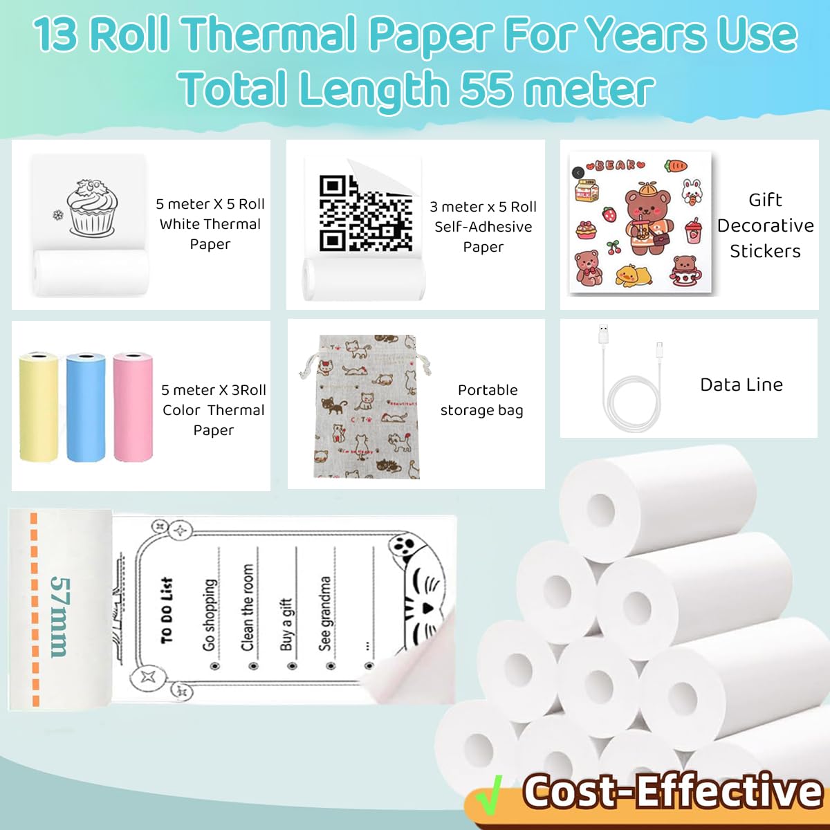 ZEITEL Mini Bluetooth Thermal Printer for Journaling and DIY Crafts with 200DPI Print | 13 Paper Rolls and Cartoon Design