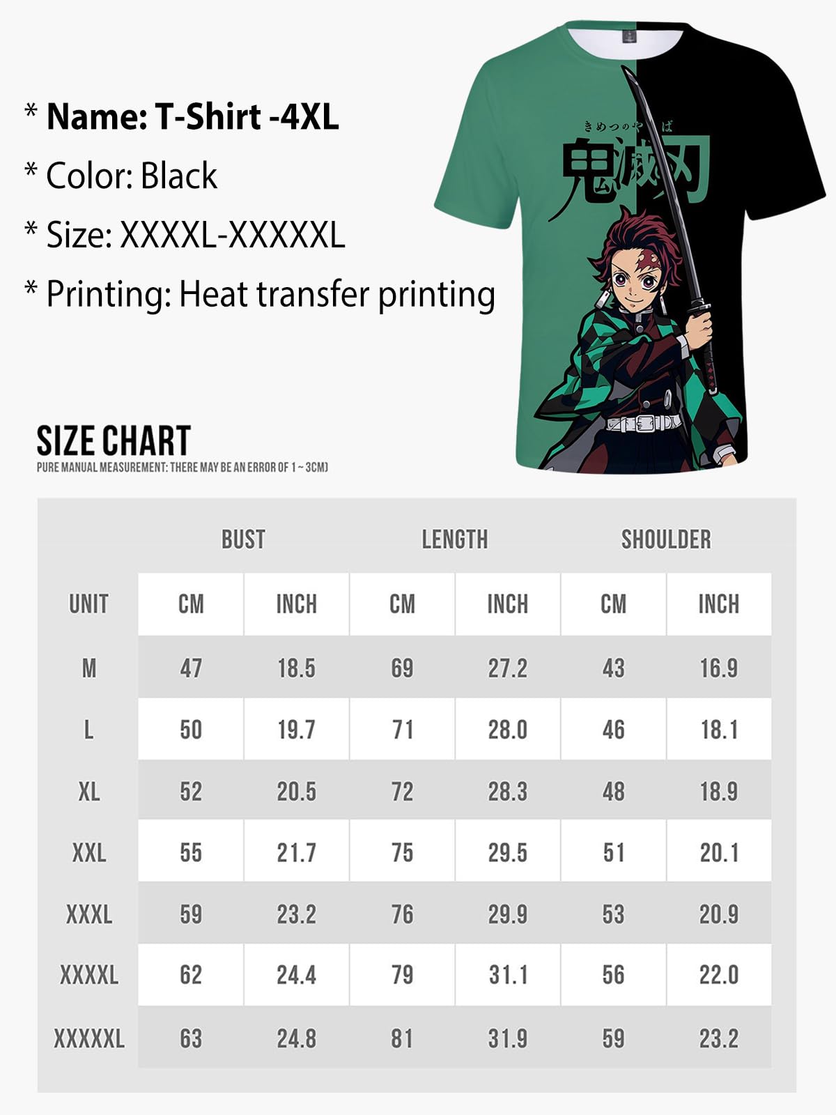 FANCYKU Demons Slayer T Shirt featuring 3D Tanjiro Kamado Print with 48.82 in Bust | Green 4XL