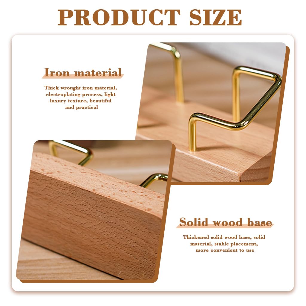 OFIFO Business Card Holder Stand for Office Desk featuring Golden Wire and Wooden Base | Fits 70 Cards 4.33x1.81x2.05 in