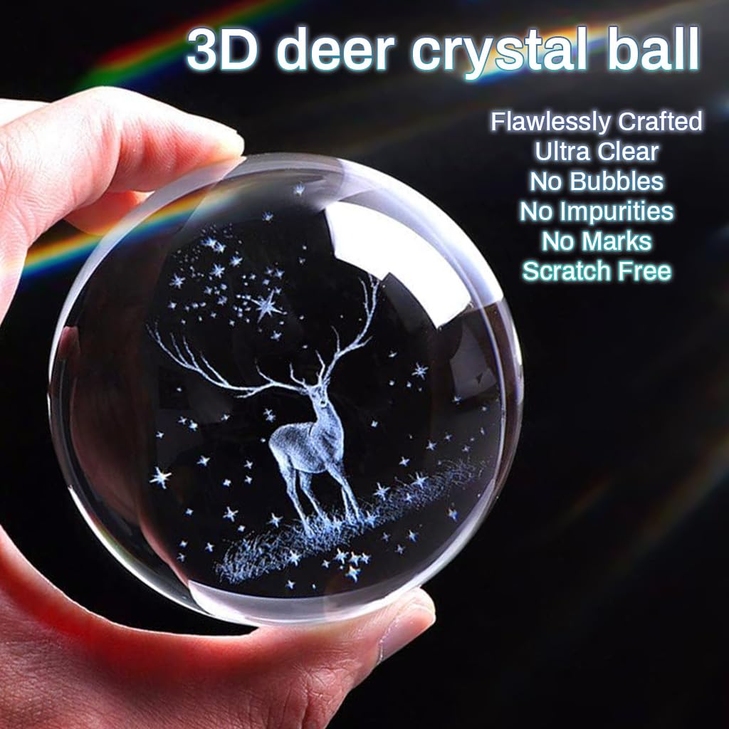 HASTHIP 3D Inner Christmas Deer Crystal Ball with Silver-Plated Stand 6cm Glass Decor | Elegant Home Ornament and Gift