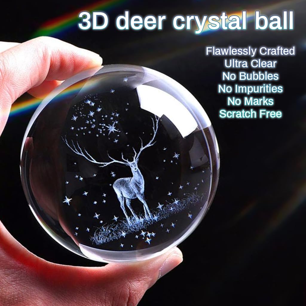 HASTHIP® 6cm 3D Inner Christmas Deer Crystal Ball, Glass Sphere Laser Engraved Ball with Sliver-Plated Flowering Stand, Christmas Home Decor Desk Ornament Birthday Gift Festival Gift