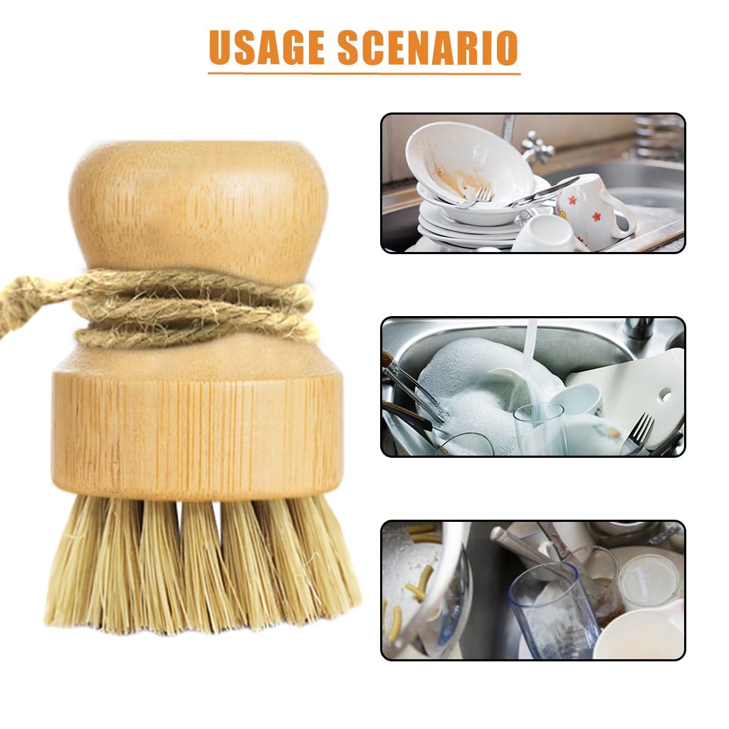 Supvox Bamboo Dish Brush for Pots and Pans with Ergonomic Round Handle | 2Pcs Natural Sisal Bristles