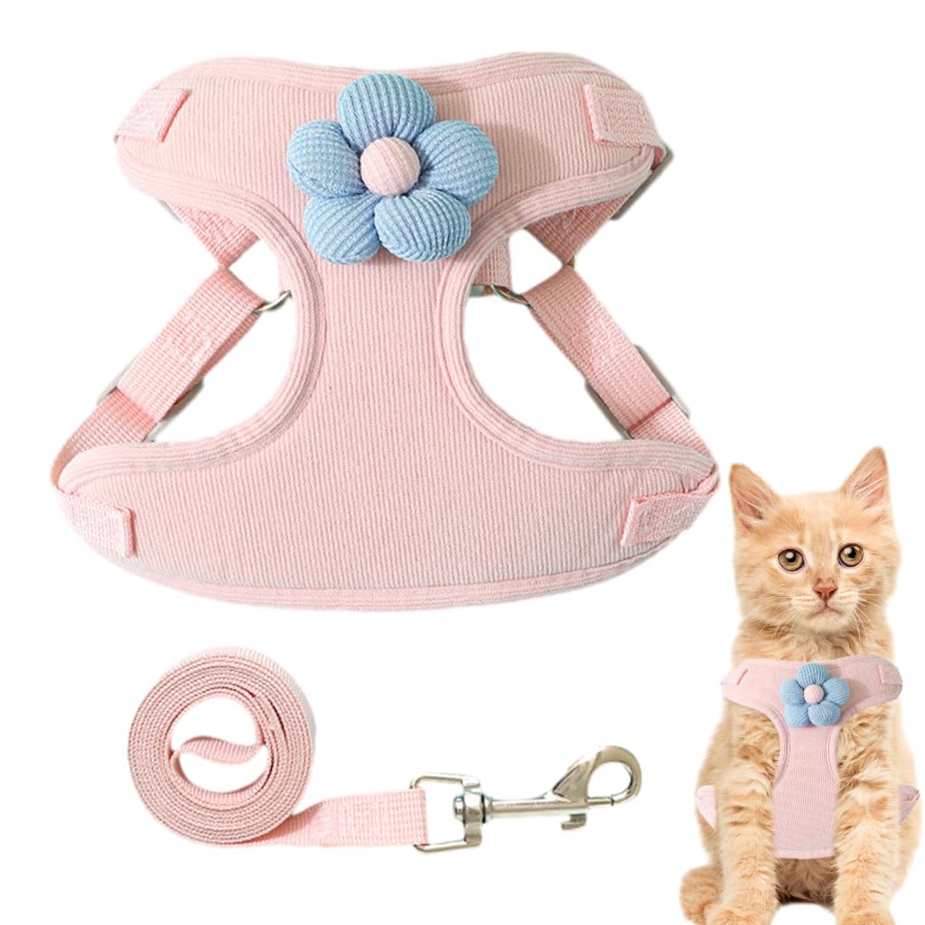 Qpets® Cat Vest Harness with 1.2m Leash, Adjustable Cat Harness with Quick Release Buckle Breathable Fabric Cute Cat Harness (Min 2KG - Max 5KG)