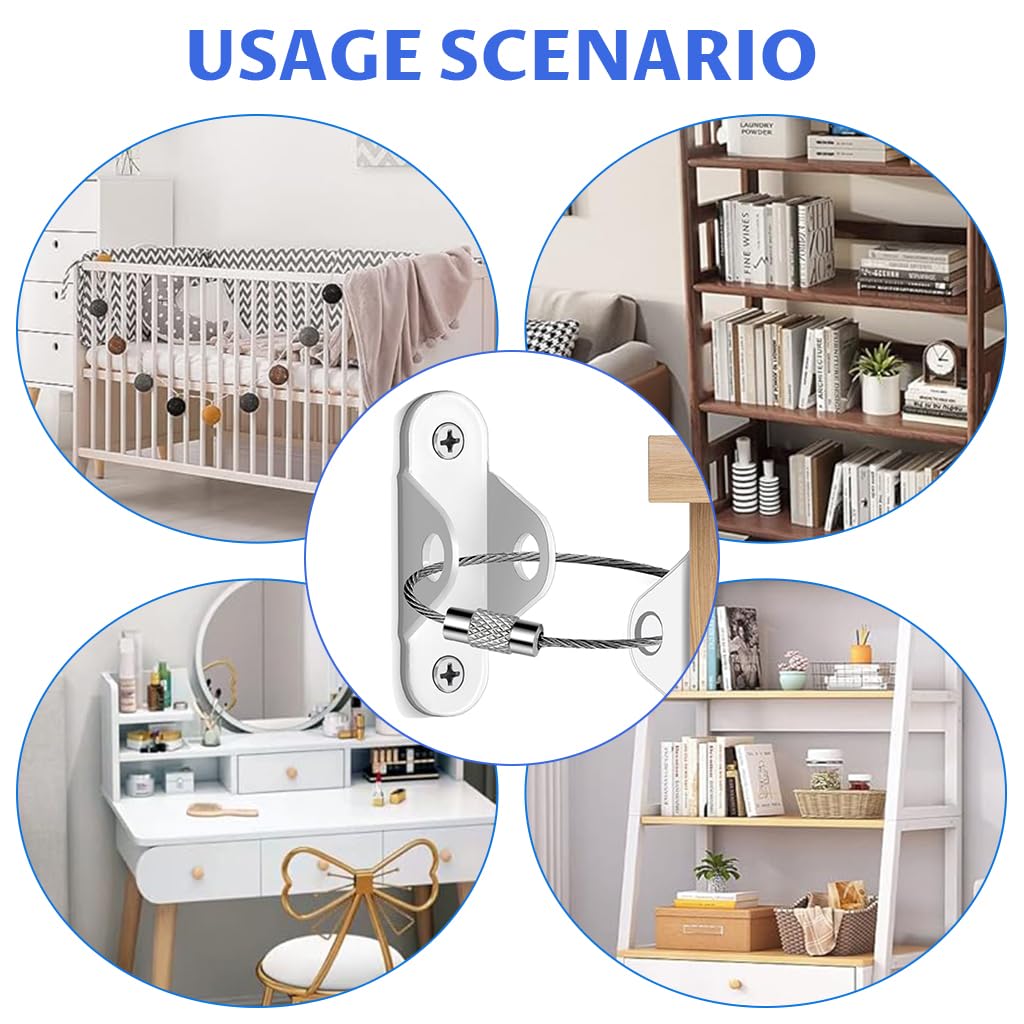 HASTHIP Furniture Anchor Kit for Child Safety with Steel Cable Lock and Wall Mount | 2Pcs Heavy Duty Steel Anchors for Bookshelves and Cabinets