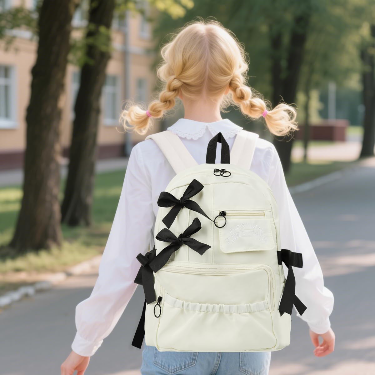 PALAY School Bag for Girls with Bow and Multi Pocket Design in White Oxford Cloth | Large Capacity Backpack for School or Travel