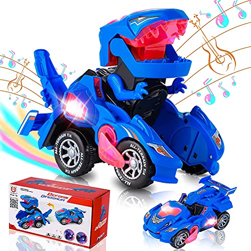 PATPAT® Transformers Toys Transforming Dinosaur Car Toys, Transforming Dinosaur LED Car with Light and Music, 2 in 1 Automatic Dinosaur Transformer Car Toy, Dinosaur Toys for Kids Boys Girls - Blue