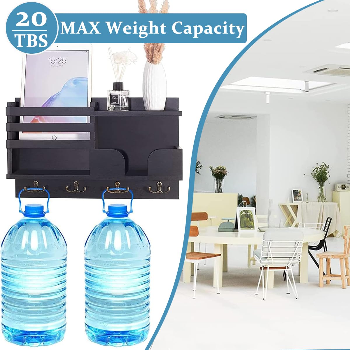 HASTHIP Key Holder for Home with Multi Compartment Wooden Organizer Rack 15.7×9.3 in | Wall Mounting Hooks for Entryway Storage