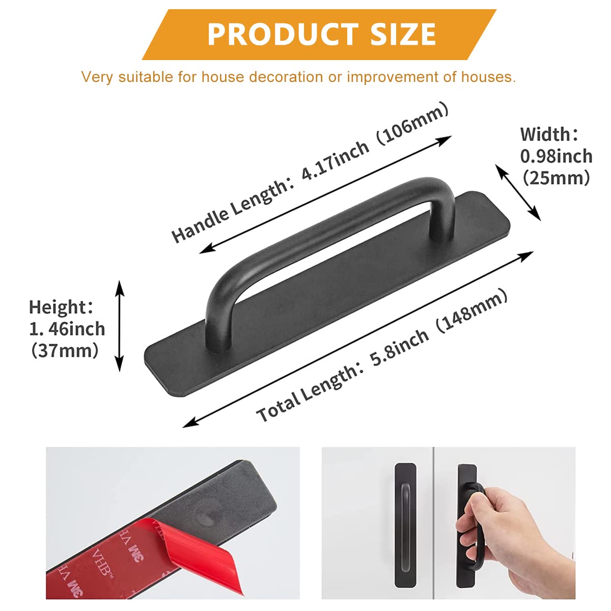 HASTHIP Adhesive Door Handle Pulls for Cabinets and Drawers featuring No Drilling Design | 5.8 in Black Aluminum Alloy