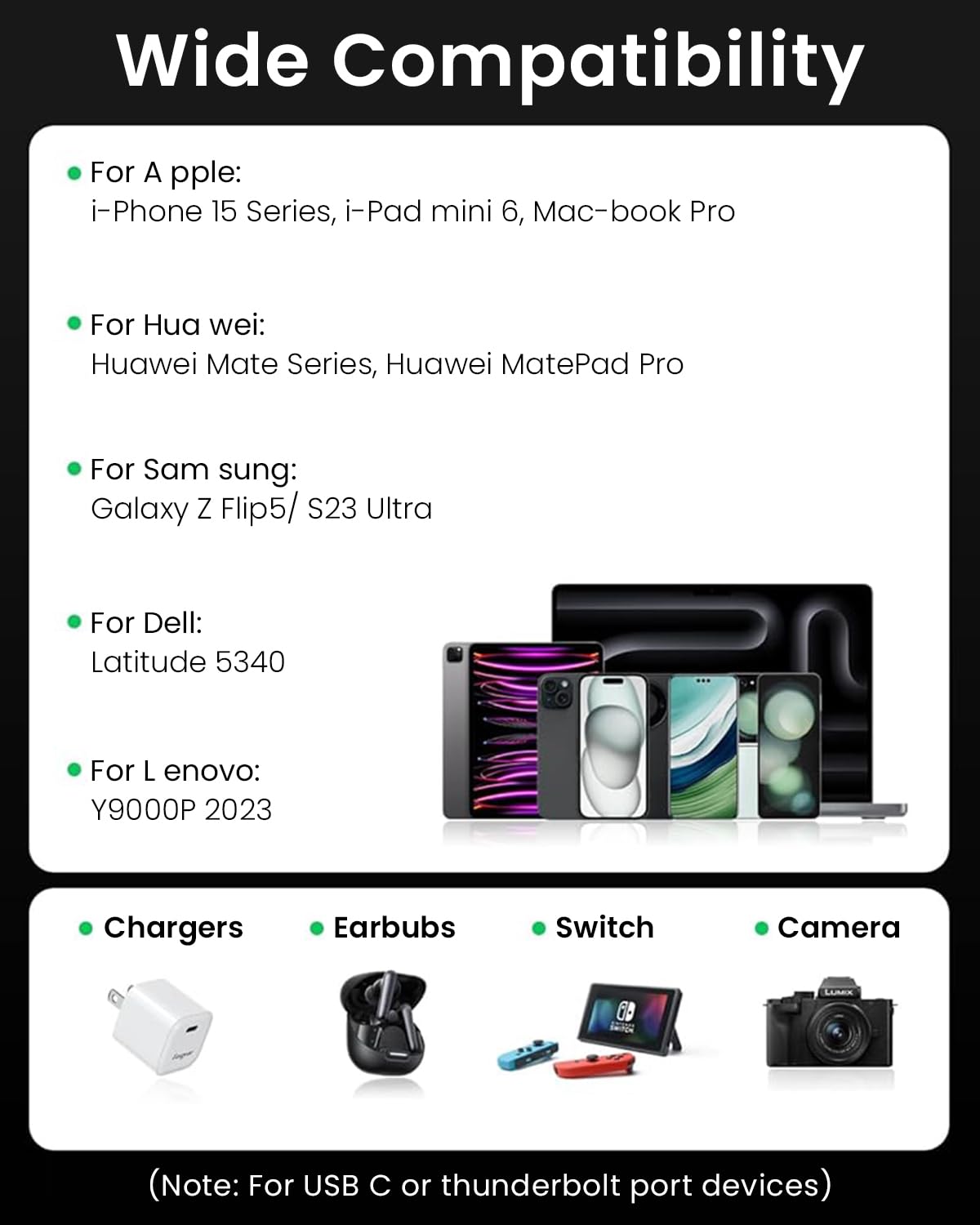 Verilux USB C to USB C Retractable Cable 3.3ft with 240W PD Fast Charging | Black