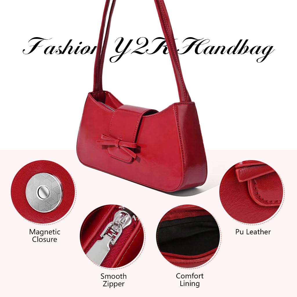 PALAY Shoulder Bag for Women with Bow Charm and Dual Closure 27x14cm Glossy Red Purse