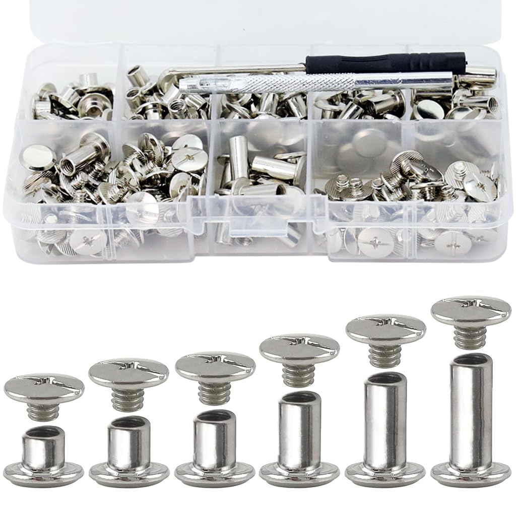 HASTHIP® 110 Sets Chicago Screws Kit Silver Metal Chicago Screws of 6 Sizes Leather Rivets Chicago Screws for DIY Leather Crafting Chicago Screws for Leather Belt, Handbags, Luggage Straps, Satchels