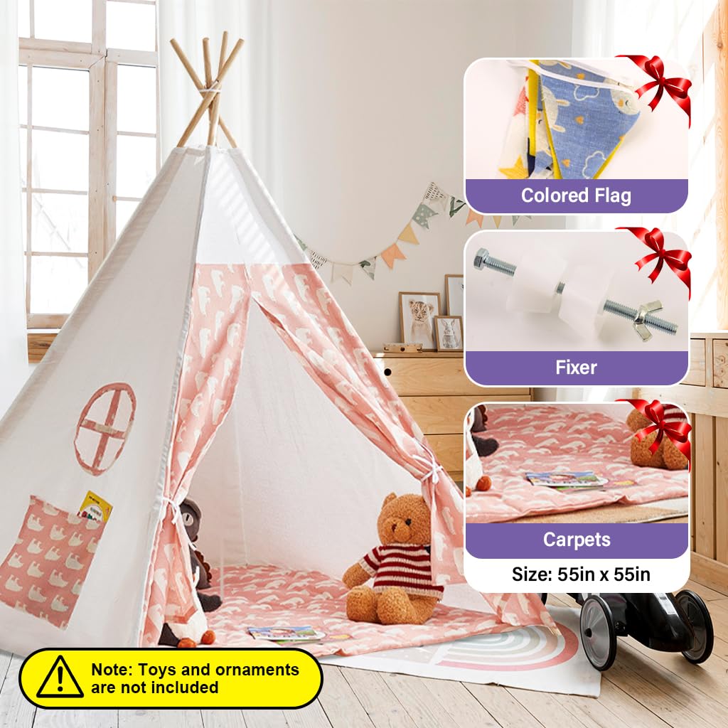 PATPAT Kids Play Tent House for Indoor Fun with 1.8m Wooden Poles and Cotton Linen Fabric | Pink