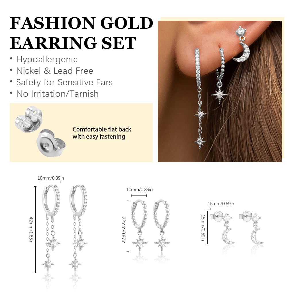 SANNIDHI Earrings Set for Women featuring 3 Pairs Star Moon and Hoop Designs | Gold Plated