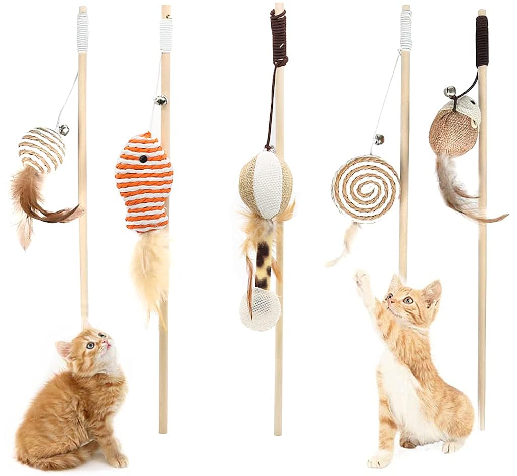 Qpets® Premium Cat Toy Interactive Cat Toys Set of 5 Cat Teaser Wand Pet Toy for Cat Activity Fishing Rod with Mouse Natural Feathers Toys for Kittens to Play Cat Games and Toys Mouse Toy