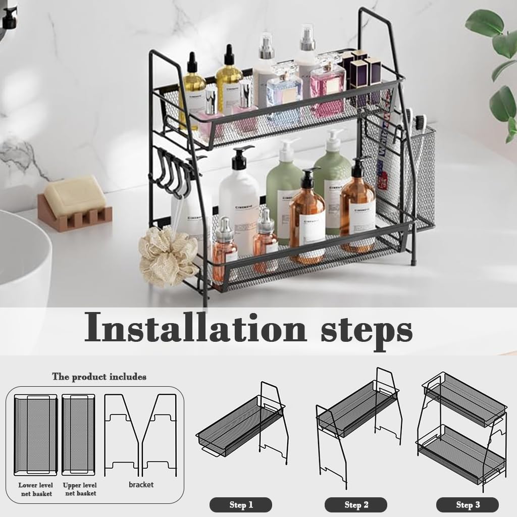 HASTHIP Desk Organizer Rack for Office and Kitchen Use with Double Layer Storage 35.5x20x33 cm | Metal Mesh Design and Side Hanging Case