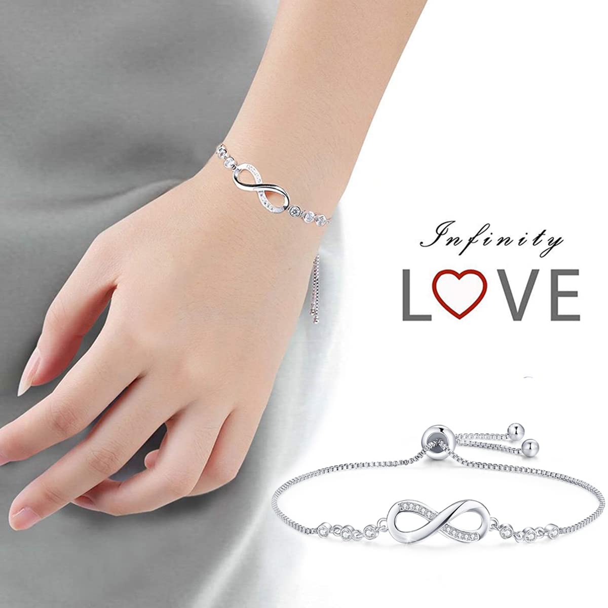 Zibuyu Bracelet for Women featuring Infinity Zirconia Charm with 6.3–9.8 in Adjustable Fit | Silver Alloy Friendship Jewelry Gift