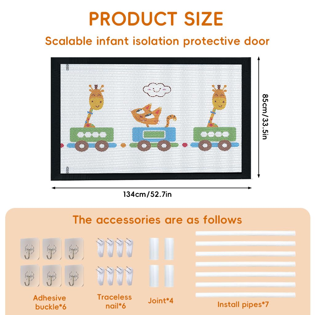 SNOWIE SOFT Retractable Kids Safety Mesh Door Barrier for Room and Stairway 85x134cm with Hook and Loop Closure | Ventilated Cartoon Design