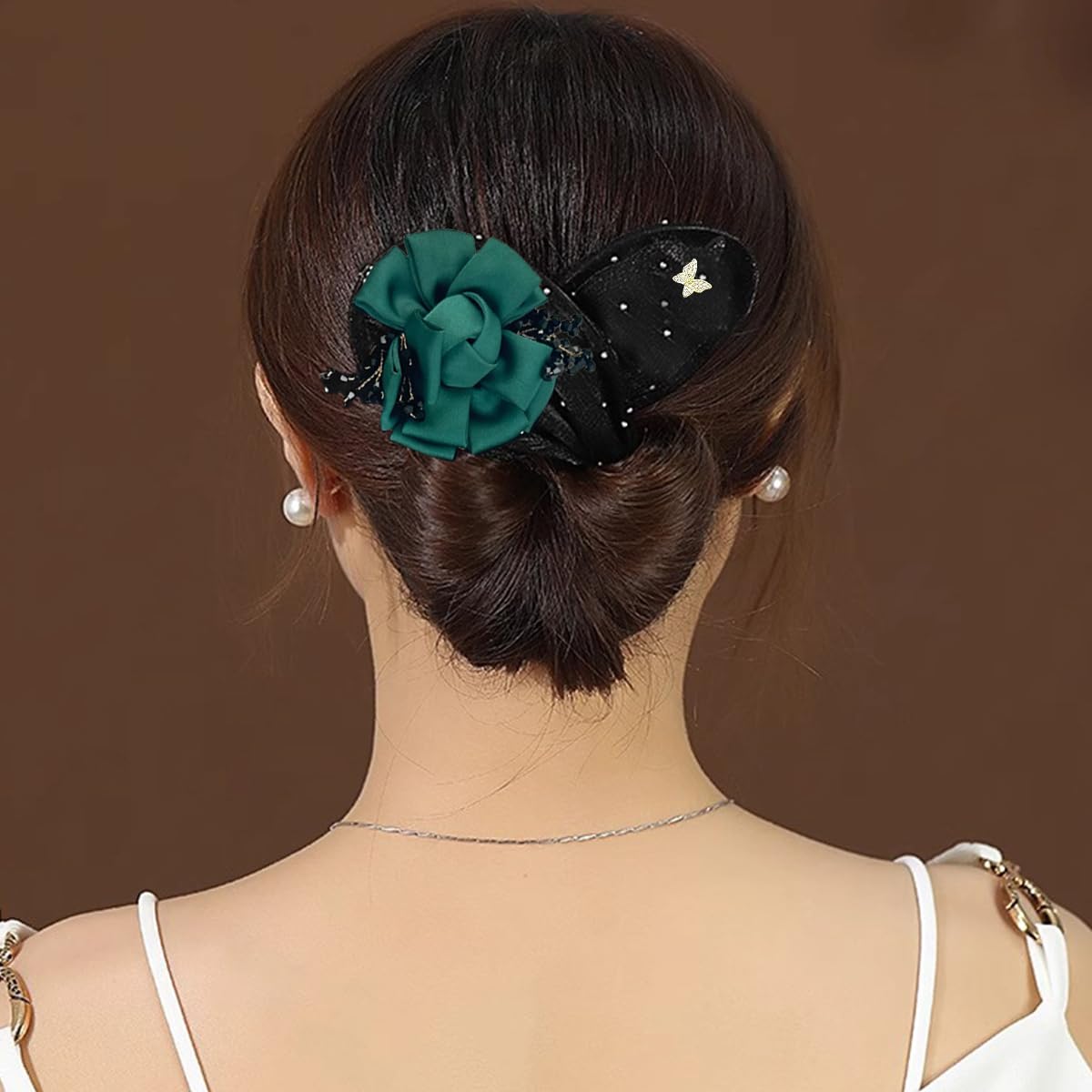 Venzina® Hair Buns for Women Girls Magic Bun Maker for Hair Flawless French Hair Bun Clips for Women Elegant Floral Pearl Bun Maker Headpiece Hair Accessories for Women Birthday Gift - Green