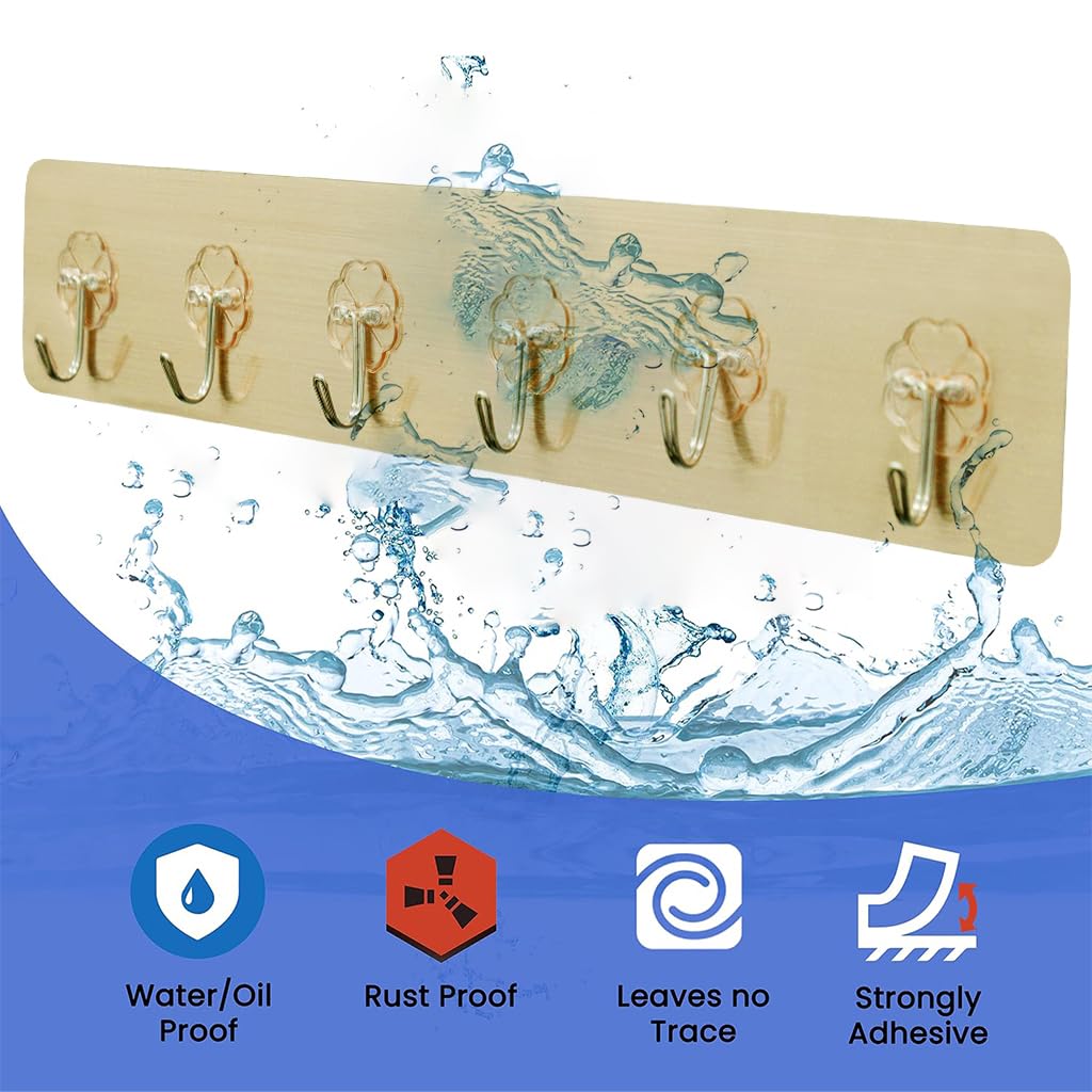 Zibuyu Adhesive Wall Hook for Bathroom and Kitchen with 6 Hooks featuring No-Drill PVC Metal Design
