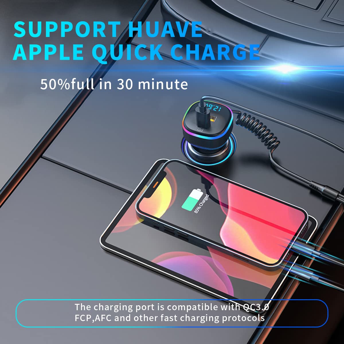 STHIRA Car Charger for 12V and 24V Vehicles with 65W PD Port and 5ft 3‑in‑1 Cable | Multi‑Device Fast Charging