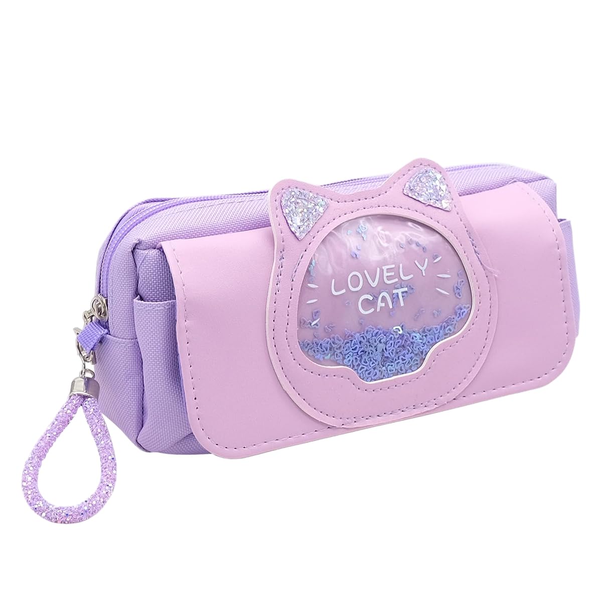 Zibuyu Pencil Pouch for Schoolgirls with Double Layer Zipper and Cute Purple Kitty Design